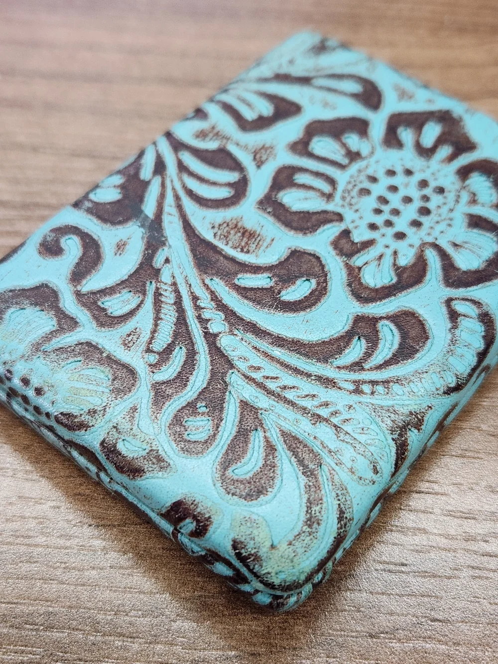 Turquoise Tooled Floral Leather Compact Mirror- Women Accessories